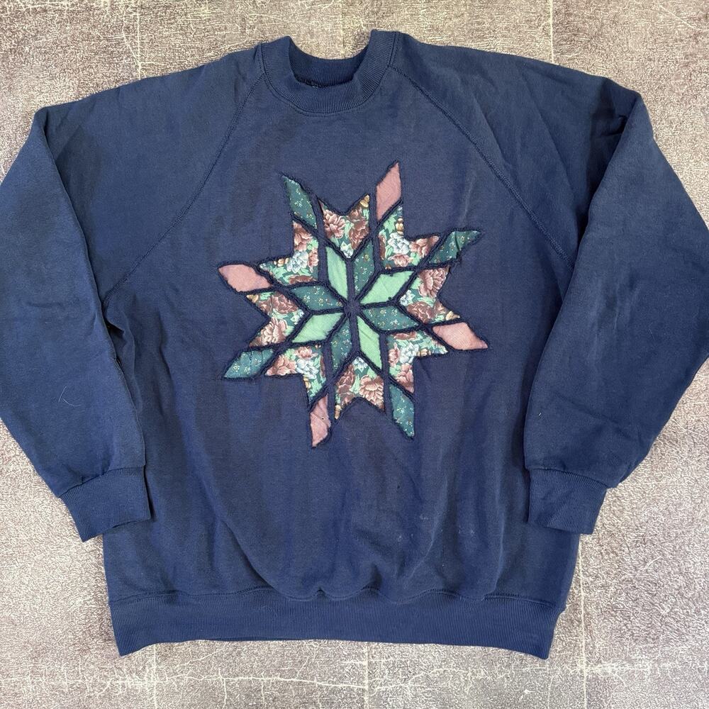 Men's Vintage 90's Lee Navy Quilt Patch Work Snowflake Crewneck Sweatshirt Sz XL